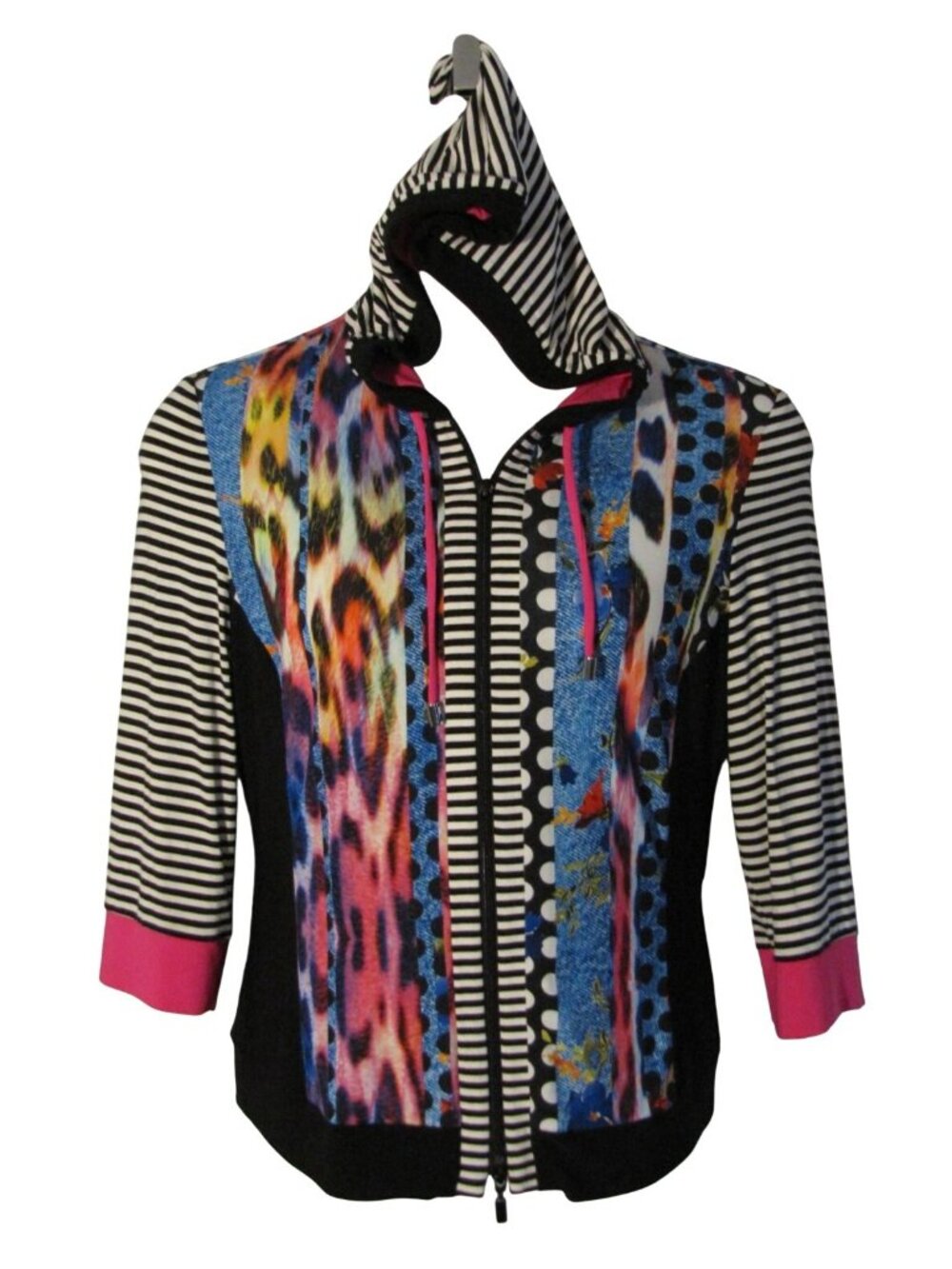 Joseph Ribkoff 10 Pink Black Colorful Zip Front Jacket Hoodie